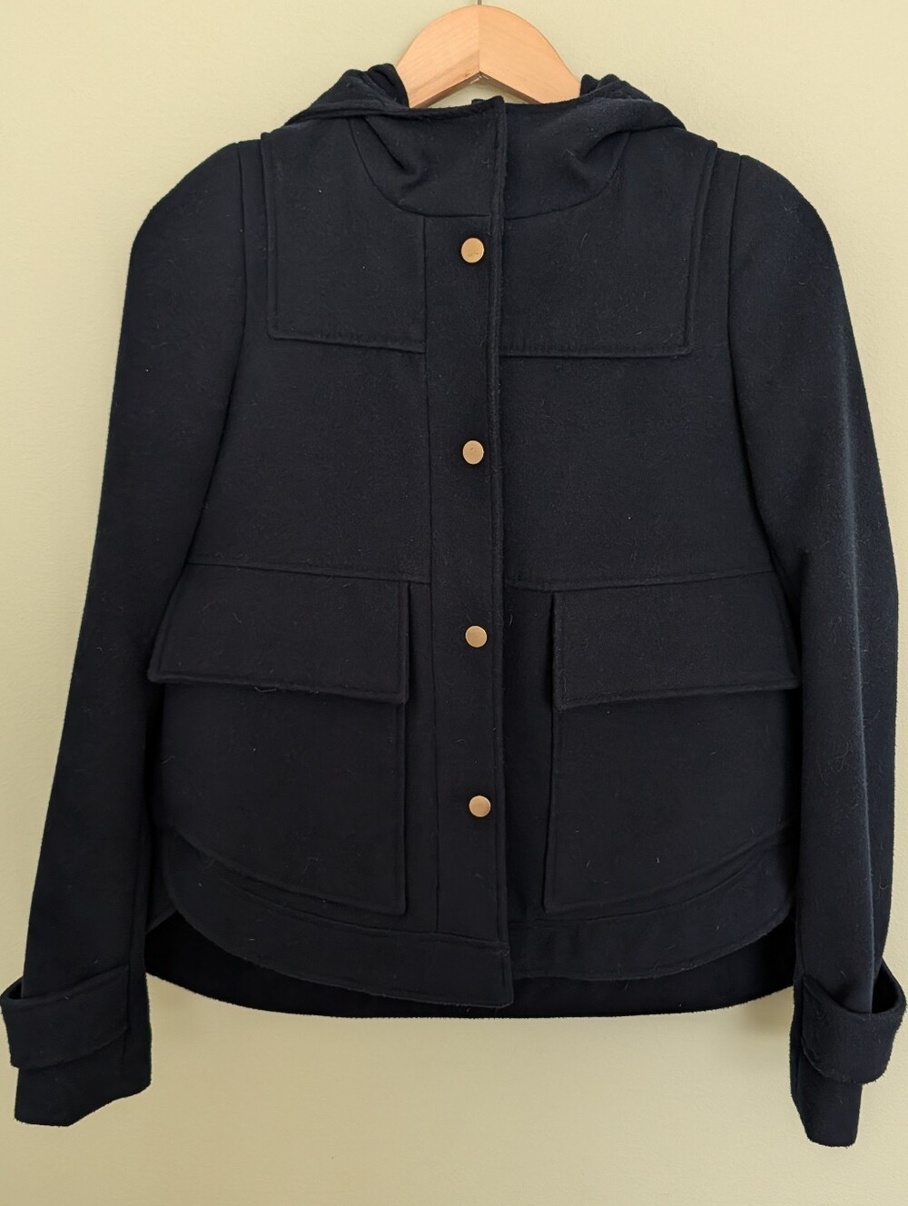 Zara Basic Navy Hooded Wool Blend Utility Jacket Coat XS Gold Snap